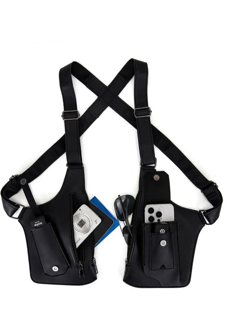 Mens Black Chest rig Underarm Anti Theft Adjustable Pocket Double Shoulder Strap